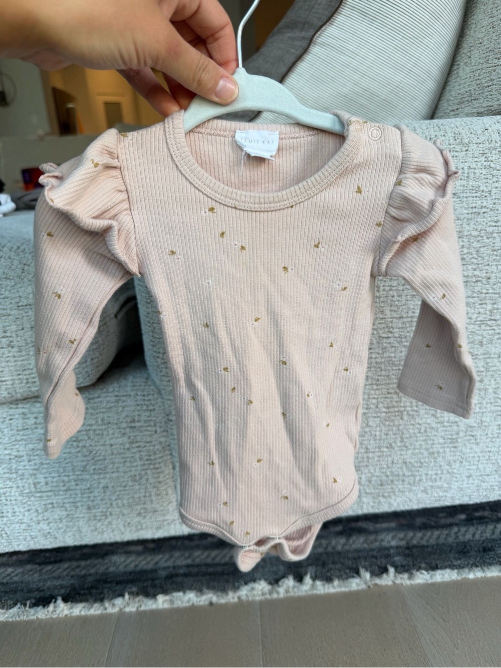 Jamie Kay Ribbed Ruffle-Shoulder One-Piece in Blush with Gold Dots